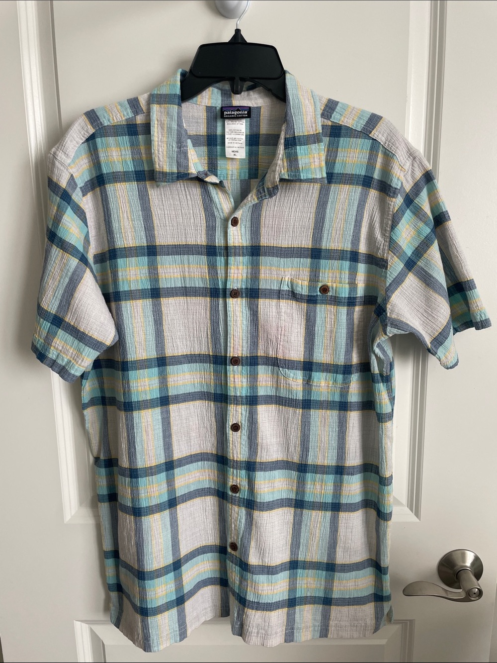 Patagonia Short-Sleeve Plaid Button-Down Shirt - Blue, Aqua, Yellow